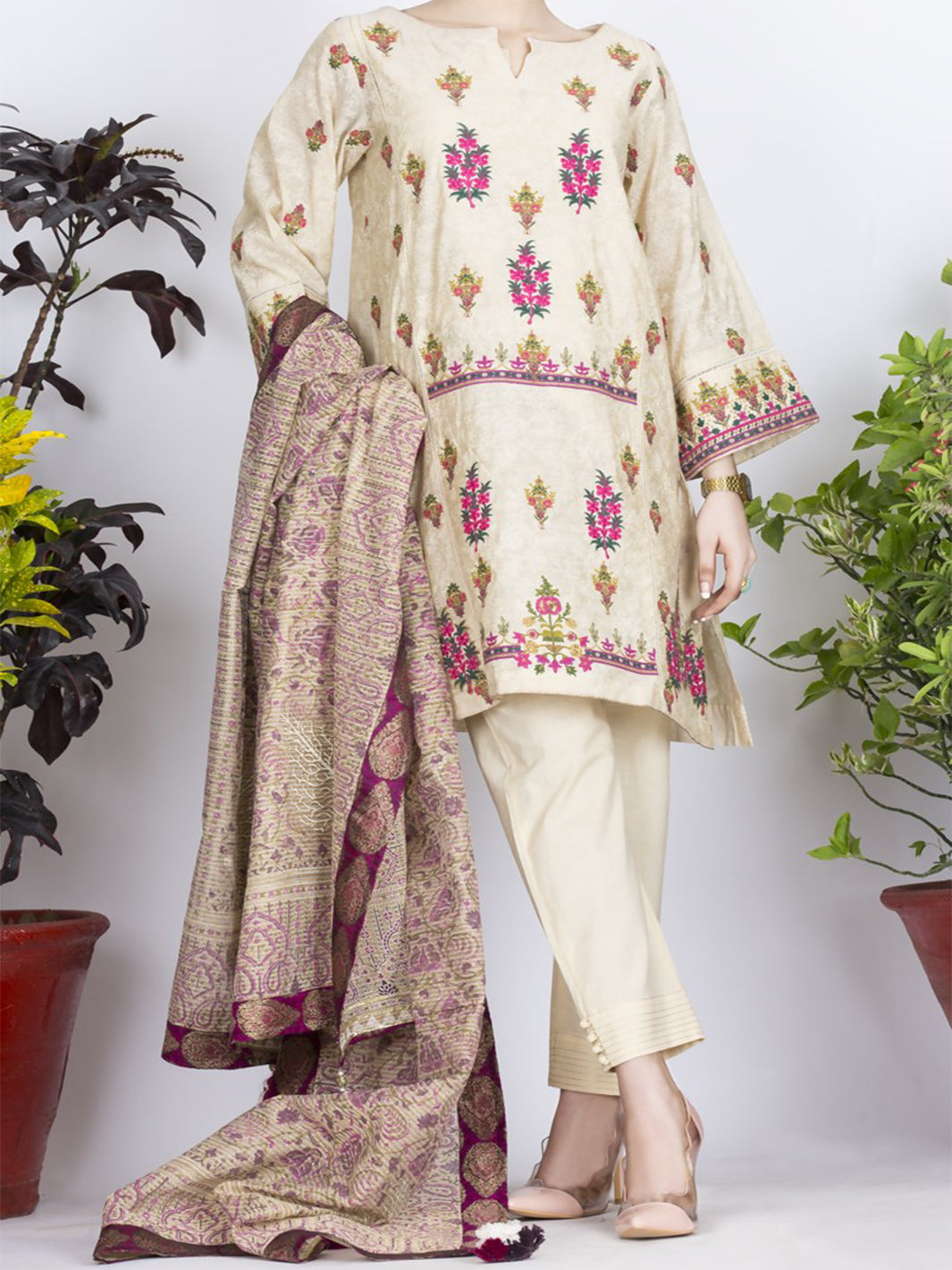 Off White Cotton Silk 3Pc Unstitched - ALP-731