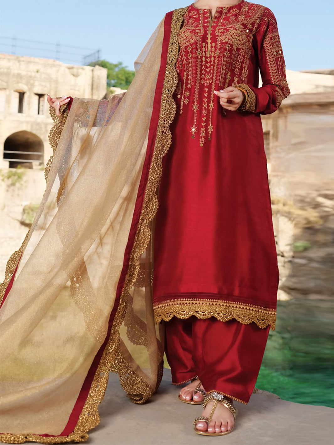 Red Raw Silk 3Pc Unstitched - ALP-744