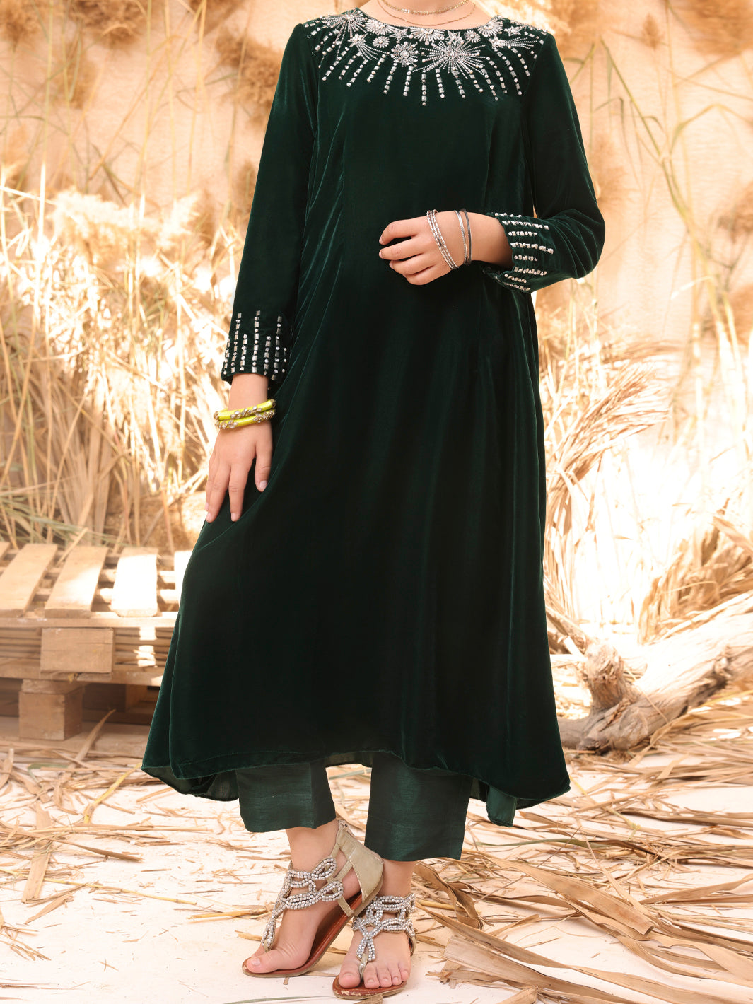 Green Velvet 2 Piece Stitched - ALT-2PS-LKS-1066B