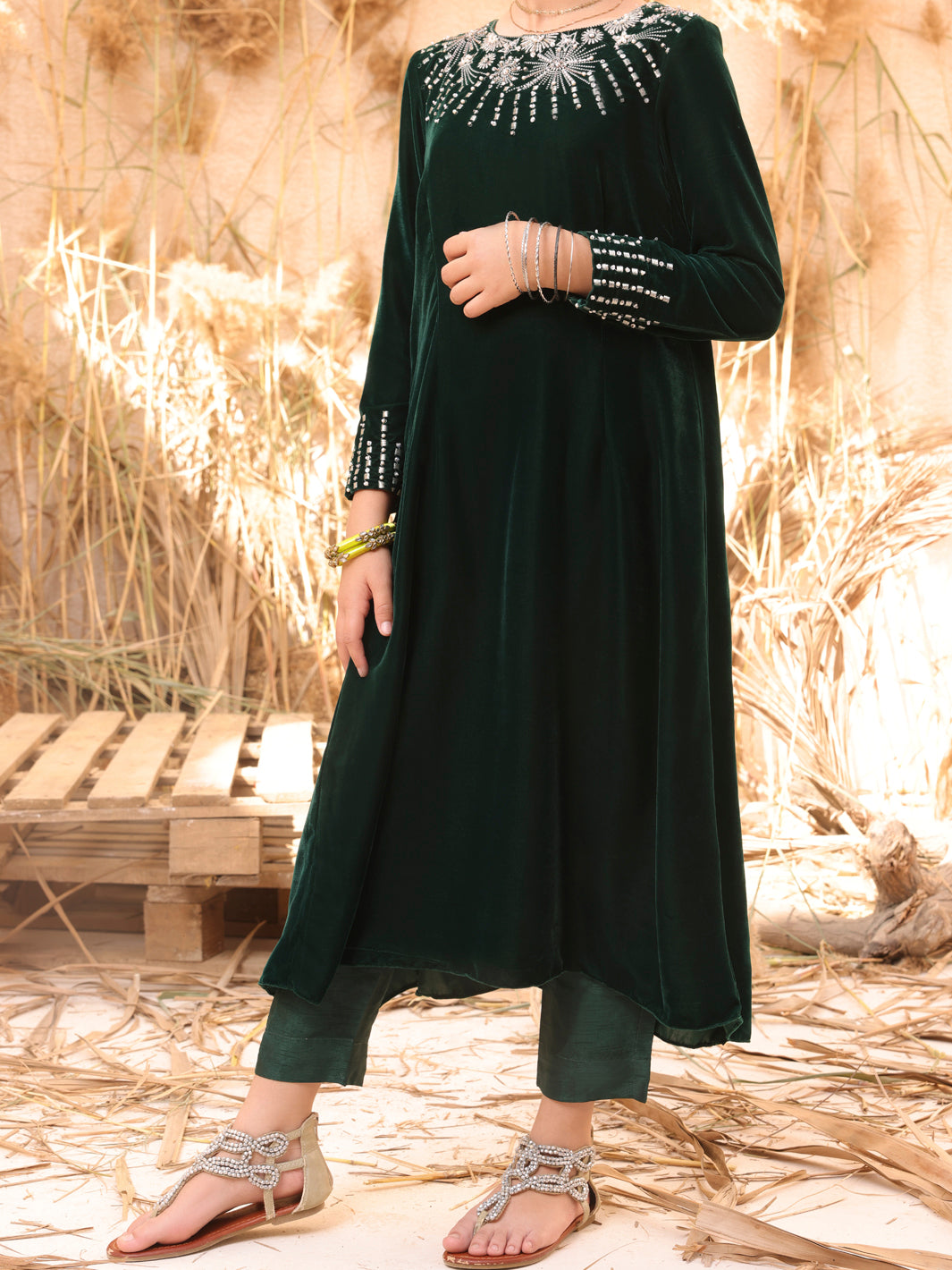 Green Velvet 2 Piece Stitched - ALT-2PS-LKS-1066B