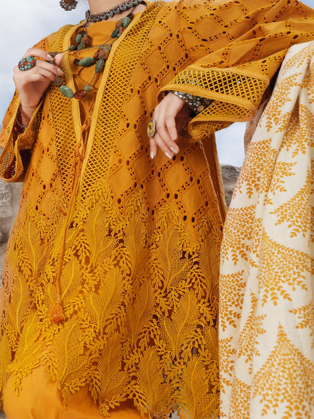 Mustard Schiffli 3Pc Stitched - AWP-3PS-217