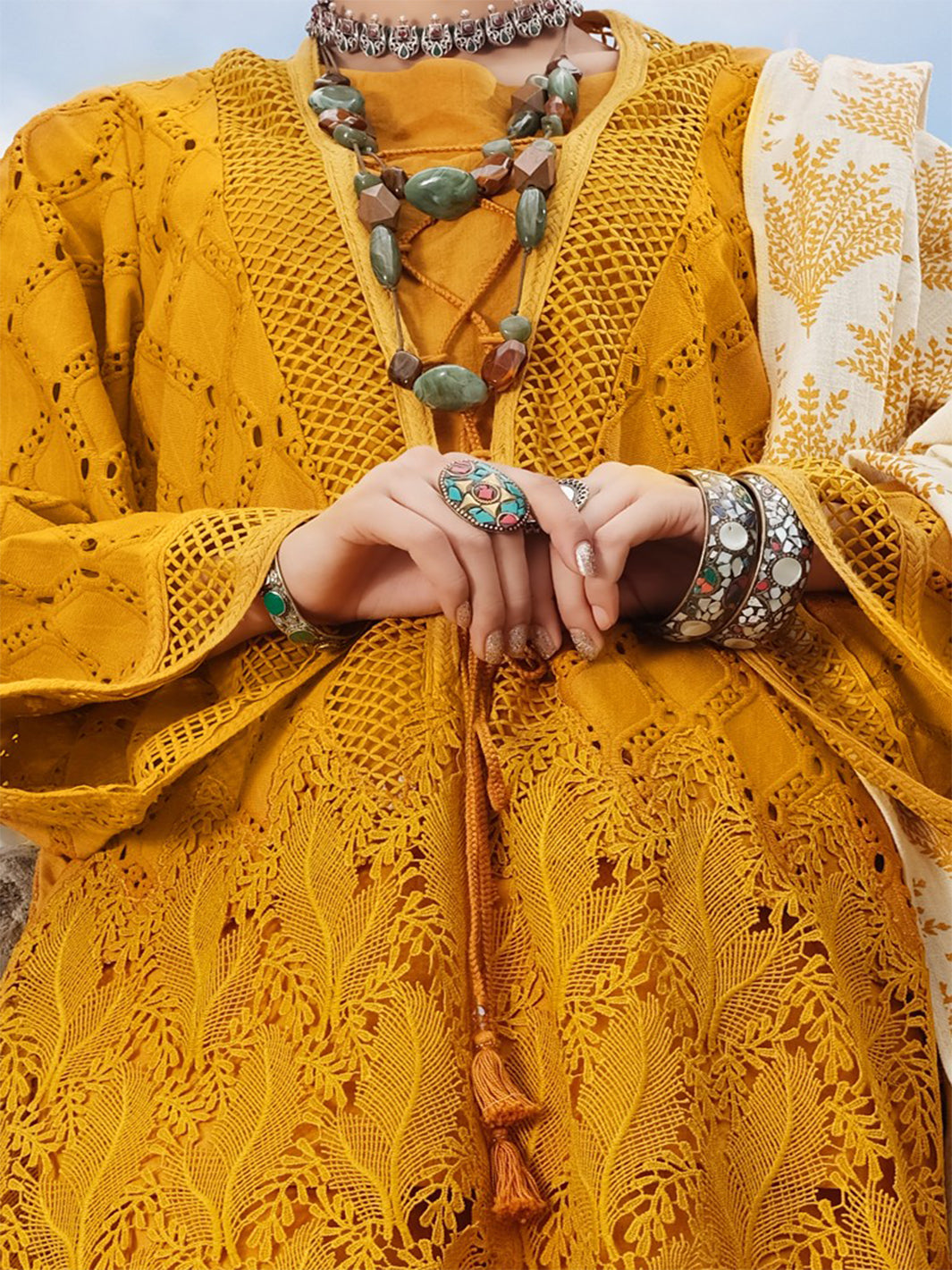 Mustard Schiffli 3Pc Stitched - AWP-3PS-217