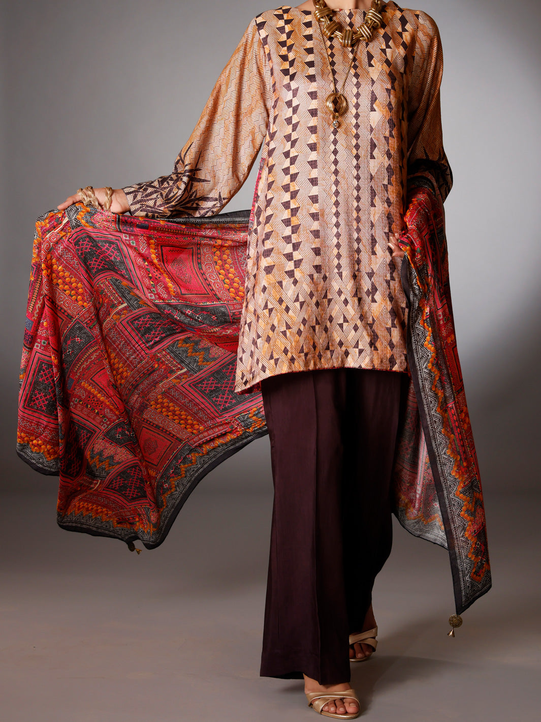 Coffee Silk Jacquard 3 Piece Unstitched - AWP-3PS-262