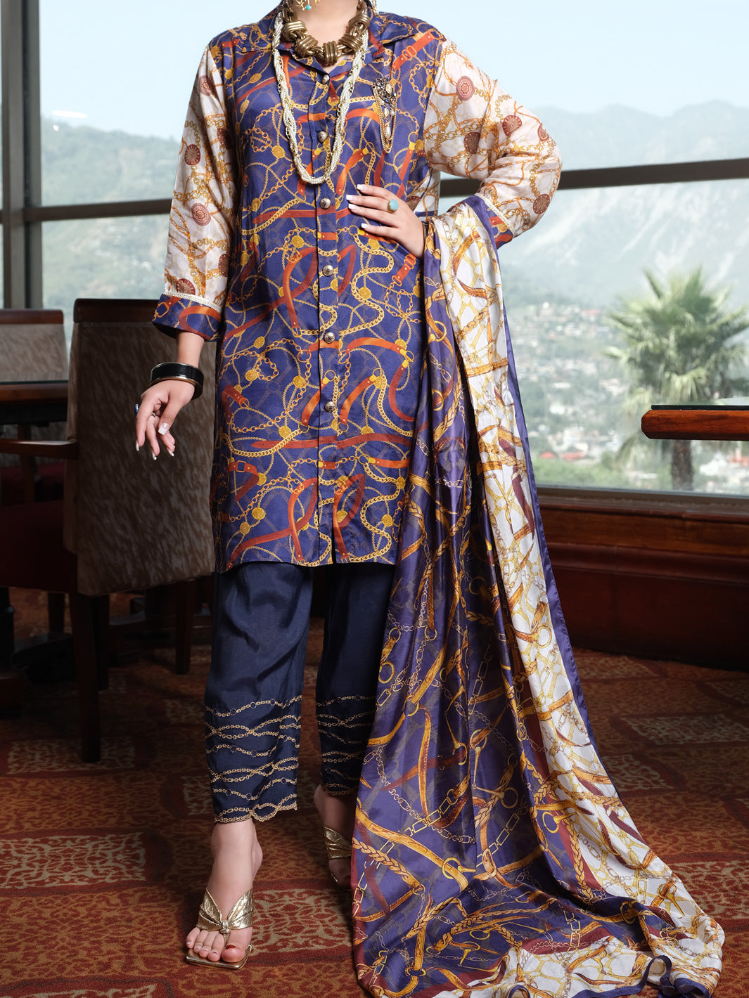 Navy Blue Viscose Silk 3 Piece Stitched - AWP-3PS-267