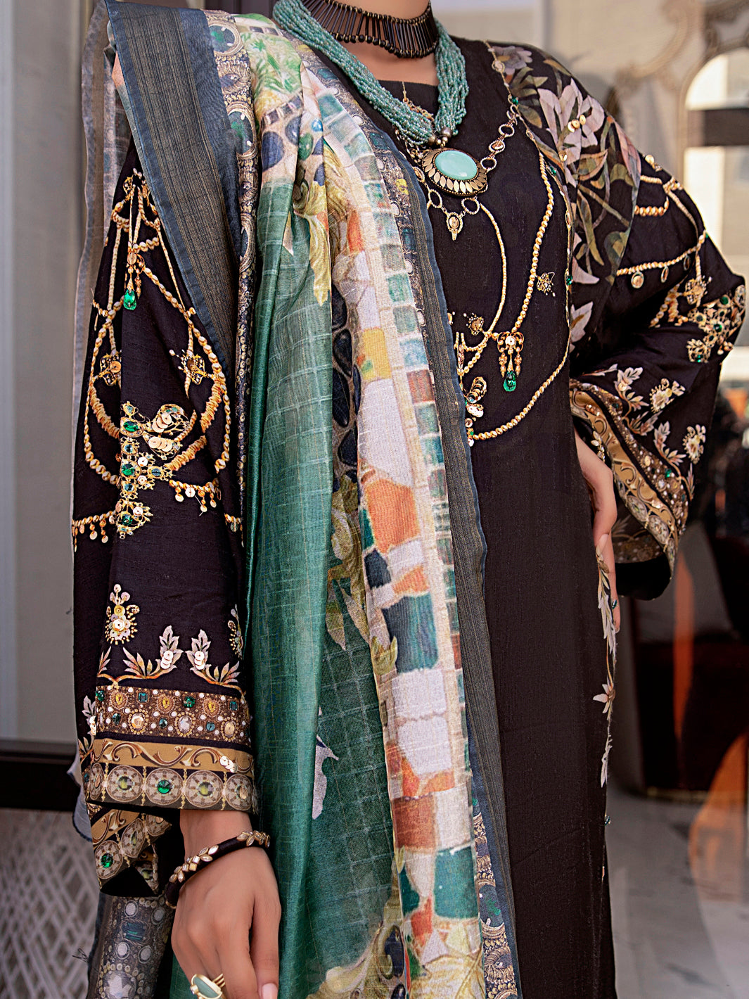 Black Raw Silk 3 Piece Stitched - AWP-3PS-359