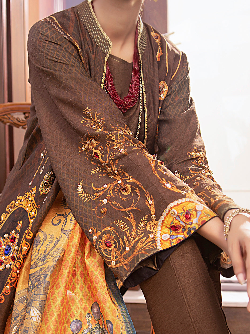 Brown Raw Silk 3Pc Stitched - AWP-3PS-362