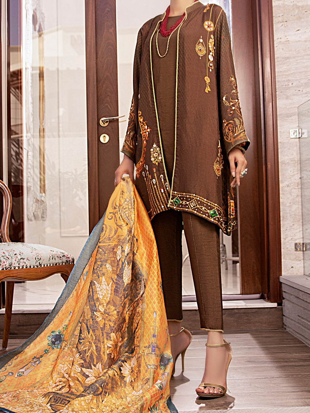 Brown Raw Silk 3Pc Stitched - AWP-3PS-362