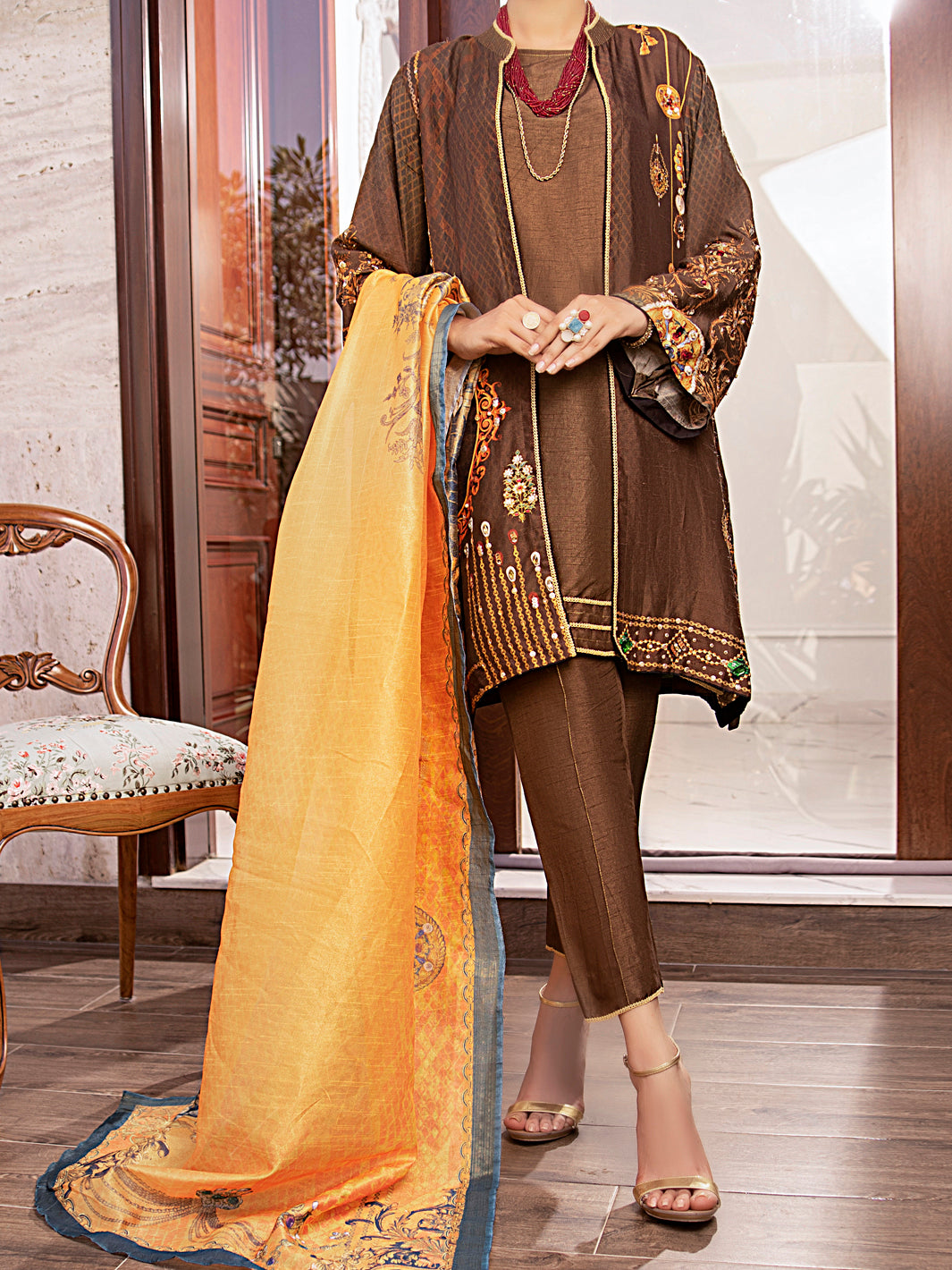 Brown Raw Silk 3Pc Stitched - AWP-3PS-362