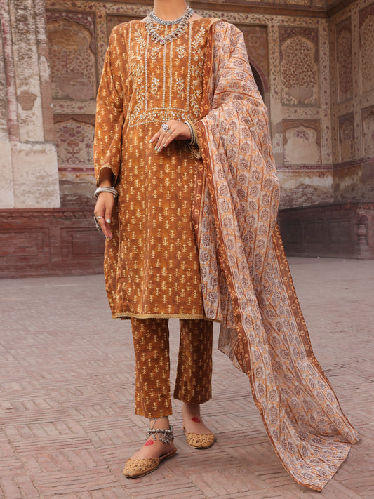 Brown Cambric Stitched 3Pc - AWP-3PS-502