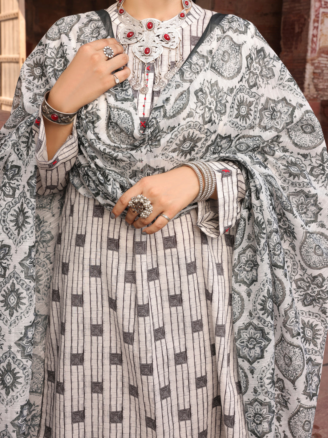 Black & White Cambric Stitched 3Pc - AWP-3PS-503