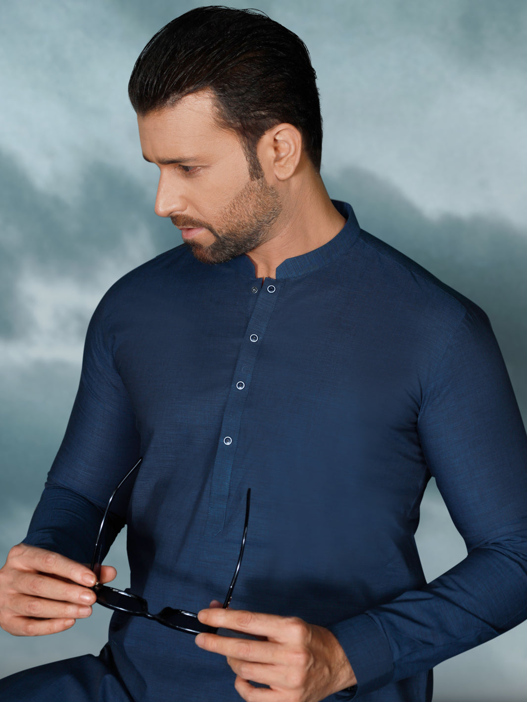 Blue Cotton Men Unstitched Fabric - AL-Maharaja-22