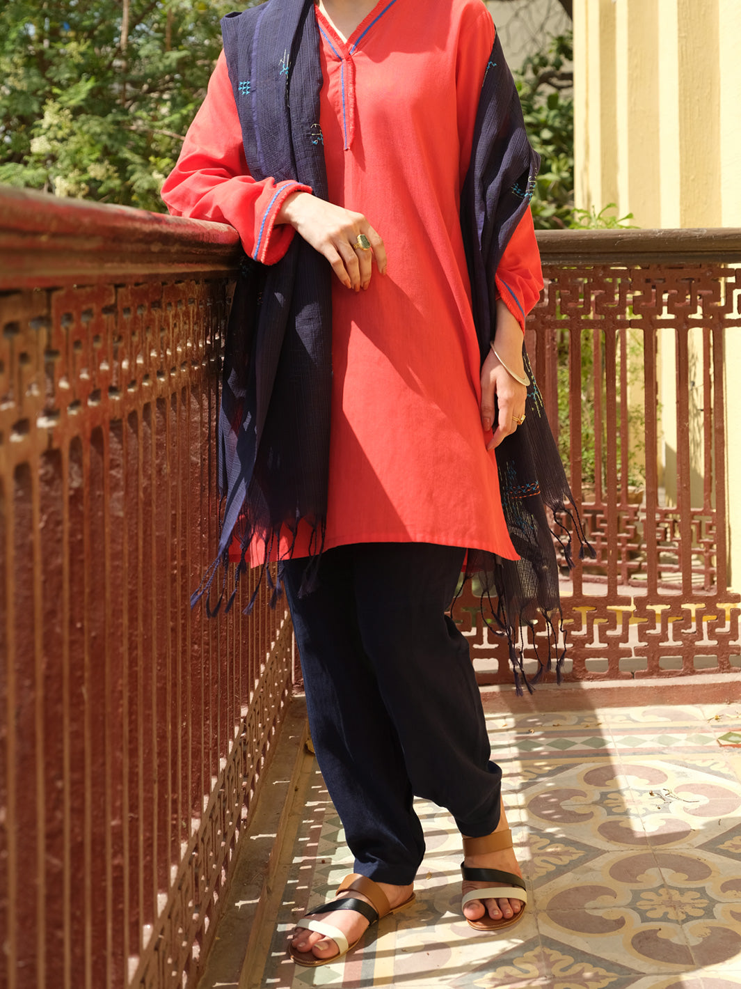 Red Hand-Woven Cotton Tunic - ALCR-LK-1006 - Almirah Online