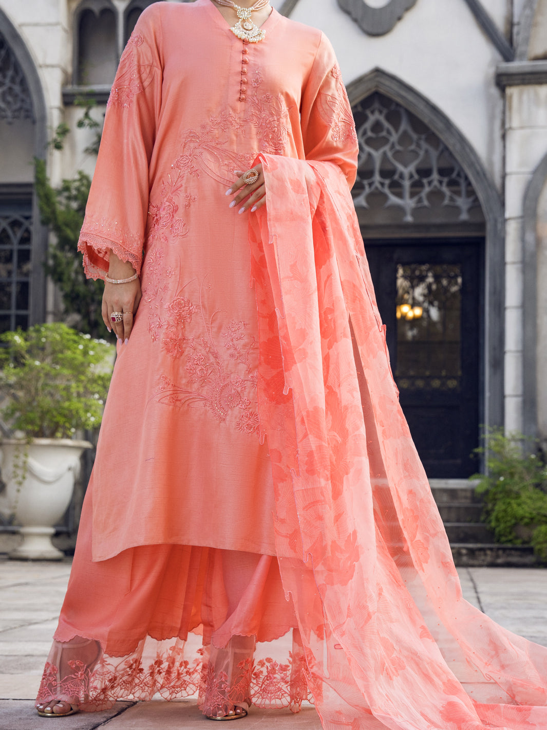 Peach Raw Silk 3 Piece Formal Unstitched