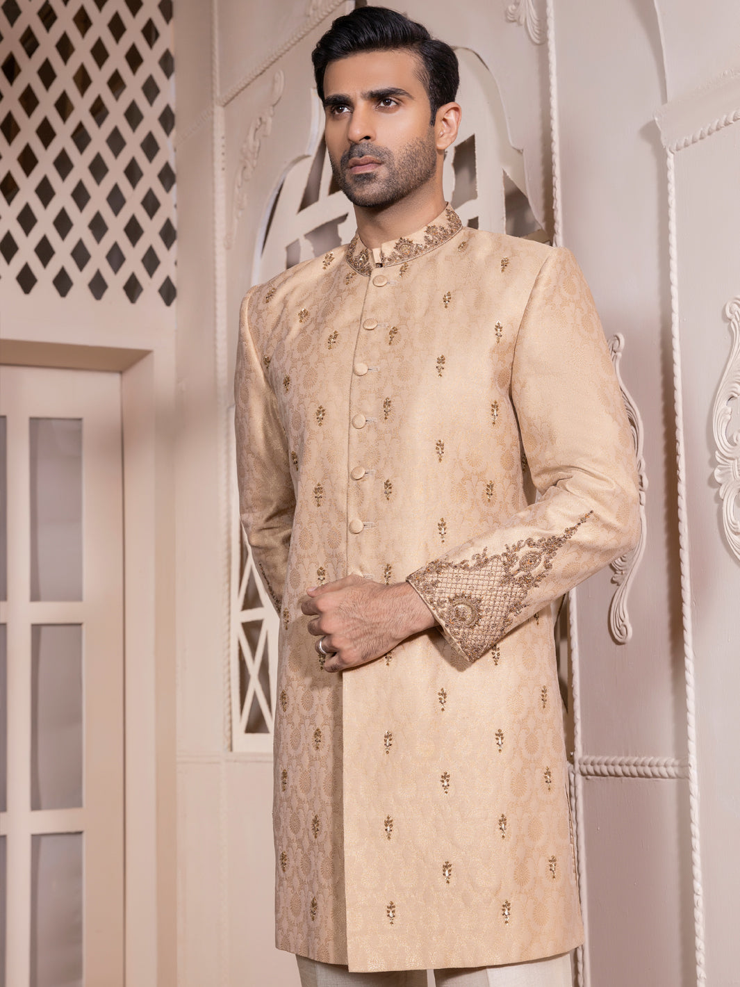 Beige Blended Men Sherwani - AL-SW-126