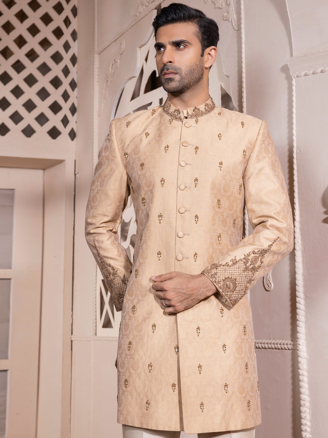 Beige Blended Men Sherwani - AL-SW-126
