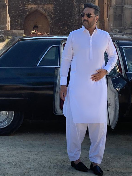 White Cotton Kameez Shalwar - ALBQ-KS-003-R14 - Almirah Online