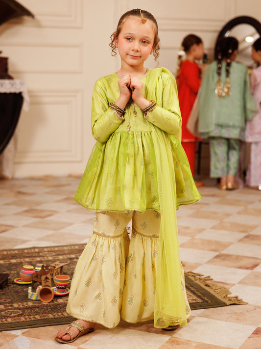 Parrot Green Shimmer Net 3Pc Stitched - ALGR-3PS-LS-007