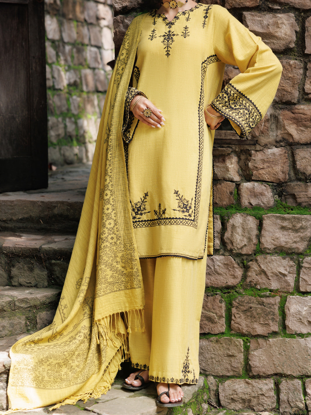 Yellow Crosshatch 3Pc Stitched - AWP-3PS-1019
