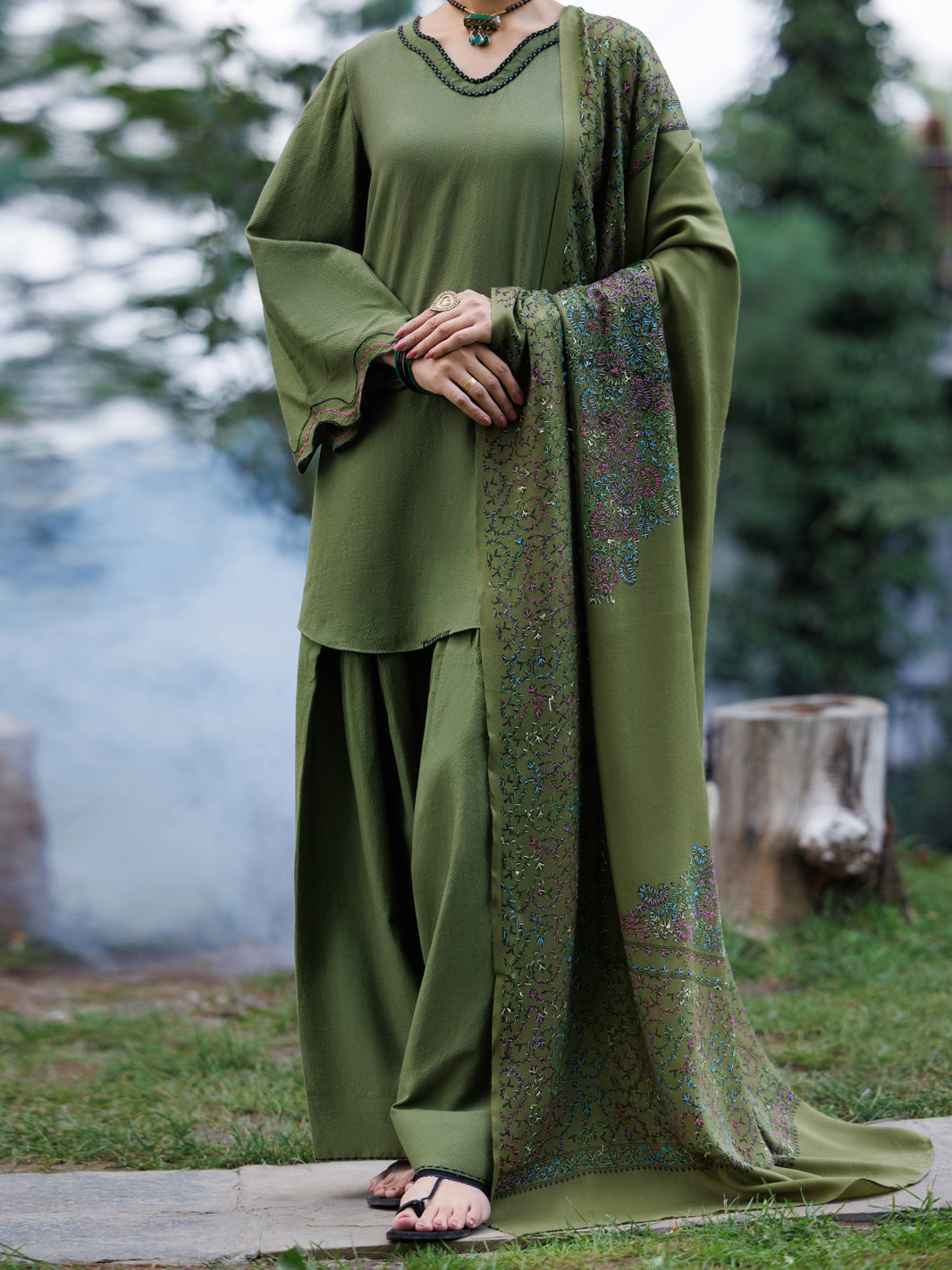 Mehndi Green Dobby 3Pc Stitched - AWP-3PS-1023A