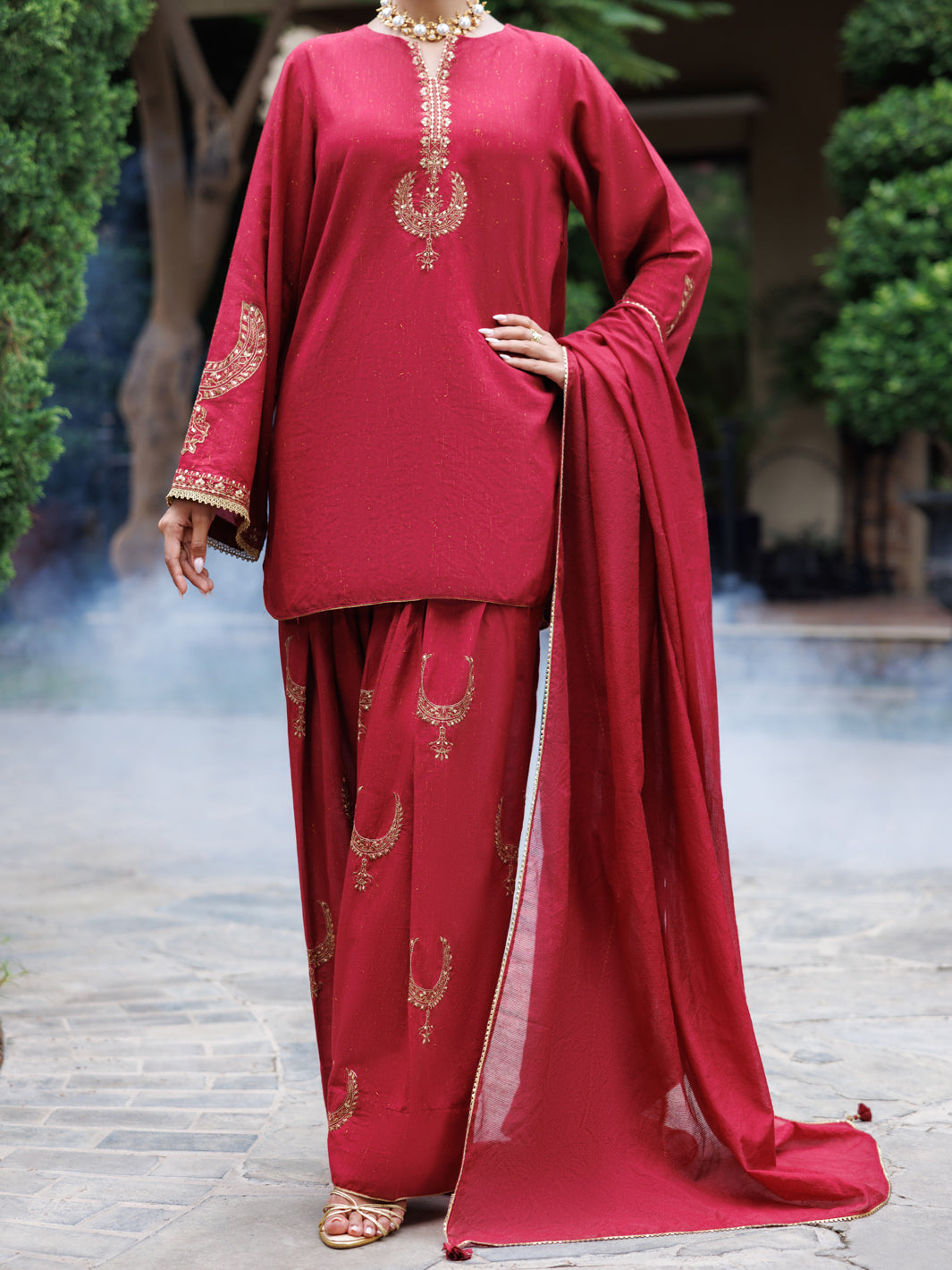 Maroon Flamint Zari Formal 3Pc Stitched - AL-3PS-LS-687