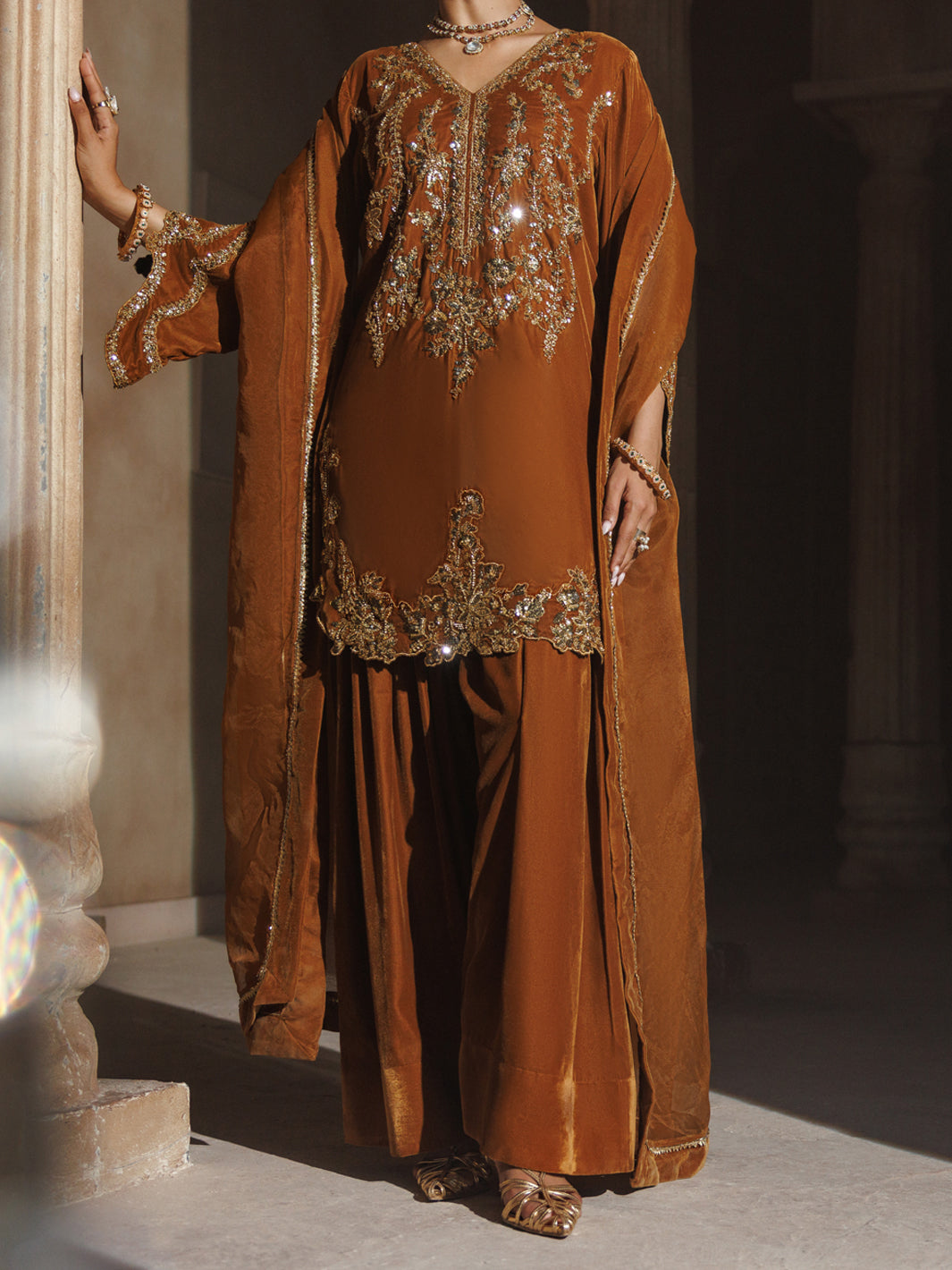 Rust Velvet Formal 3Pc Stitched - AL-3PS-LS-659