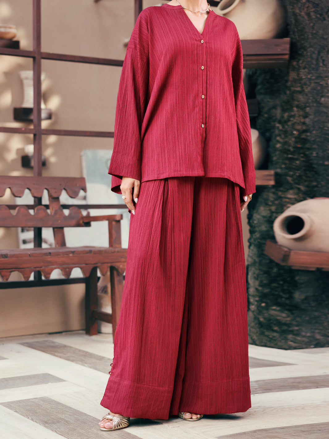 Maroon Seersucker 2Pc Stitched - AWP-2PS-LKS-1071