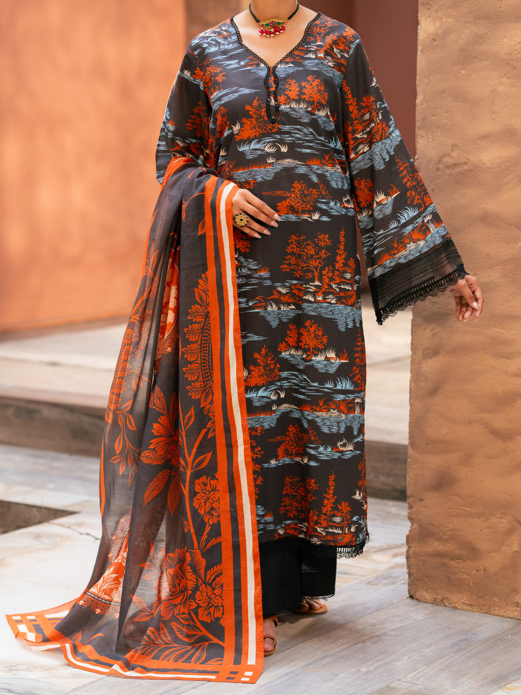 Black Cotton Cambric 3Pc Stitched - AWP-3PS-931