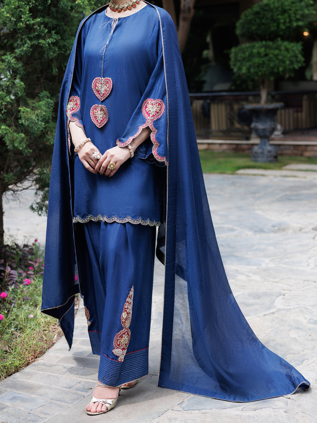 Navy Blue Flamint Zari Formal 3Pc Stitched - AL-3PS-LS-690