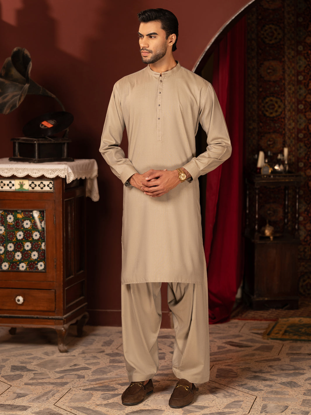 Sand Brown Kameez Shalwar - front view