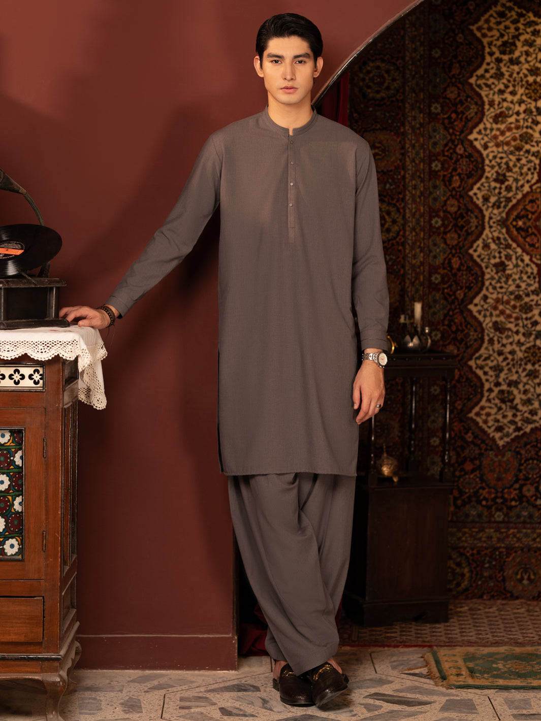 Olive Kameez Shalwar - front view