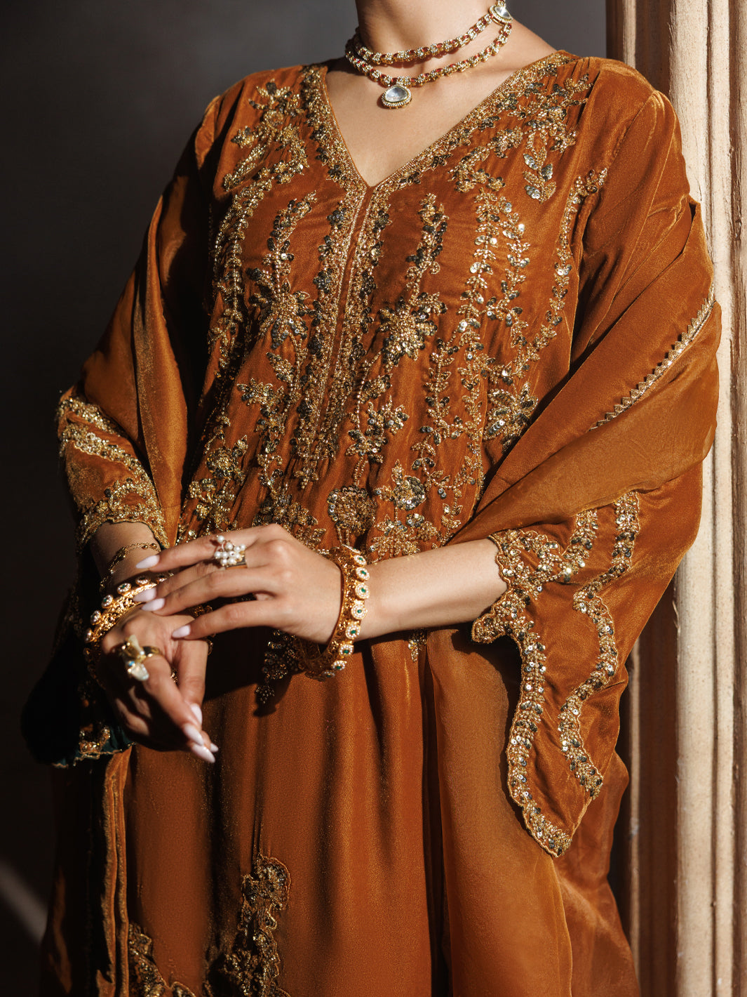 Rust Velvet Formal 3Pc Stitched - AL-3PS-LS-659