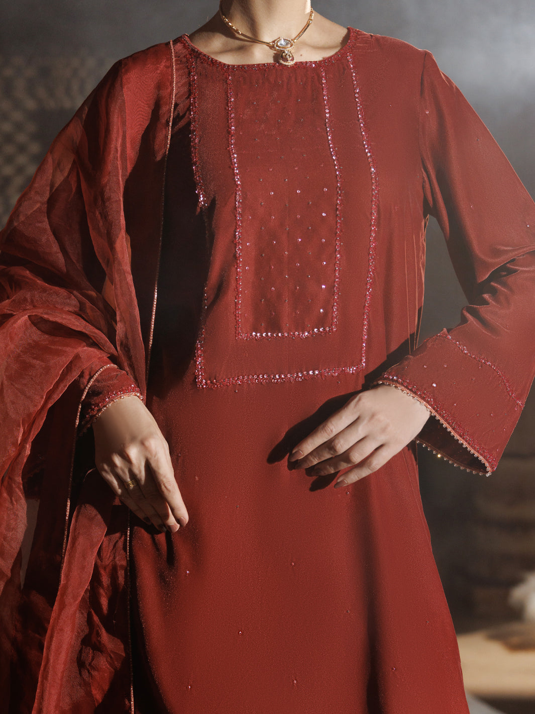 Peach Velvet Formal 3Pc Stitched - AL-3PS-LS-662