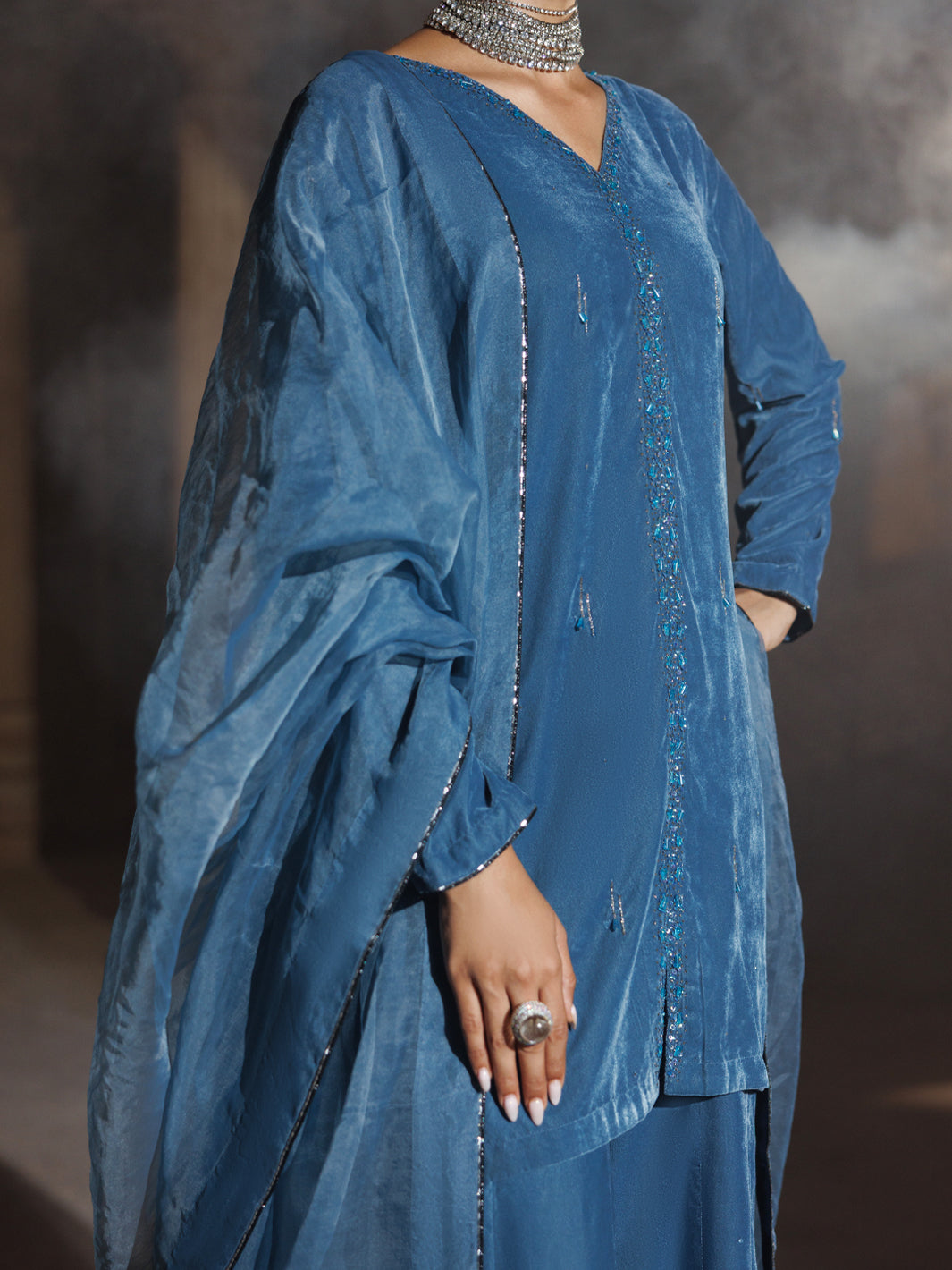 Teal Velvet Formal 3Pc Stitched - AL-3PS-LS-661