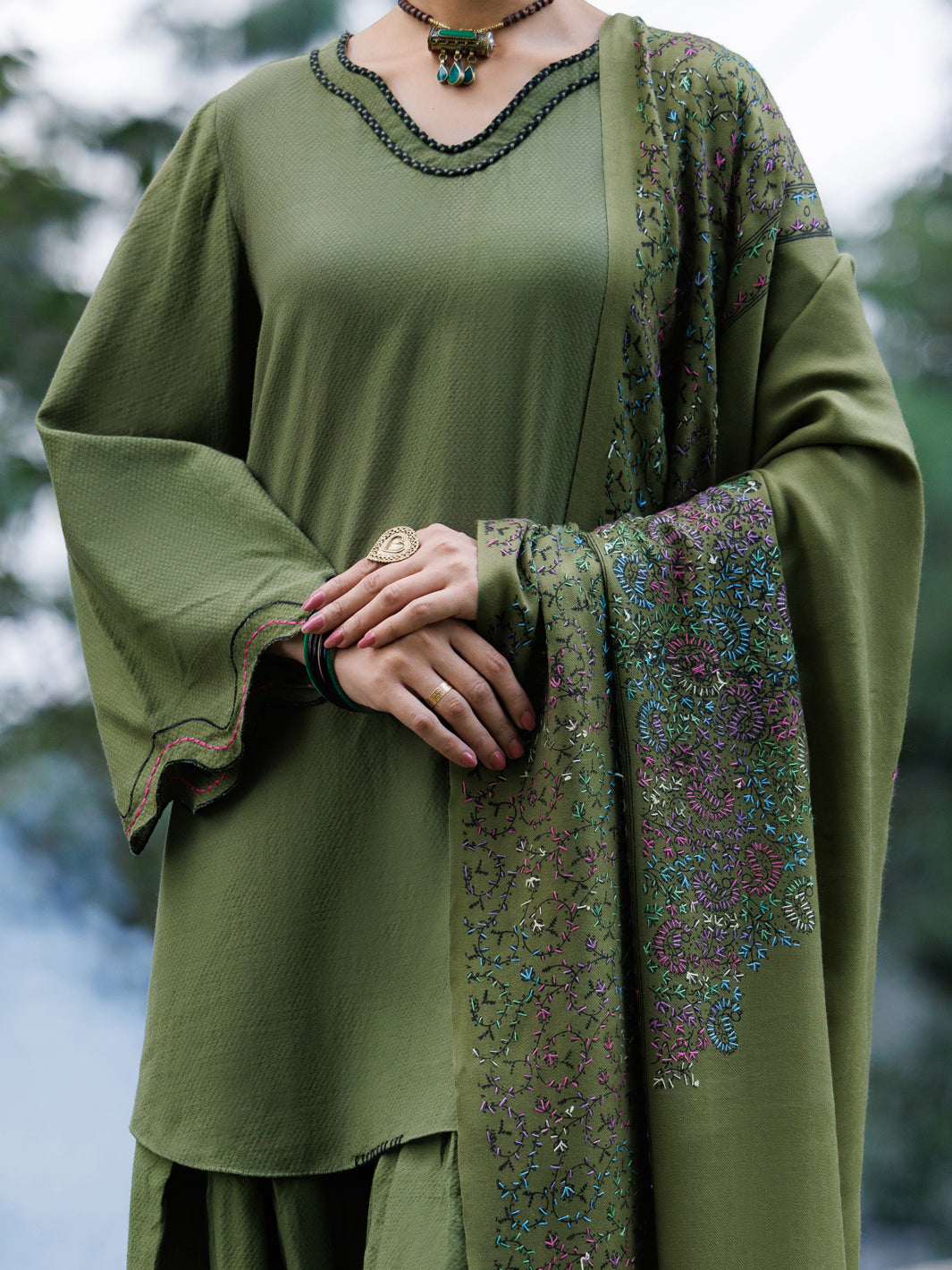 Mehndi Green Dobby 3Pc Stitched - AWP-3PS-1023A