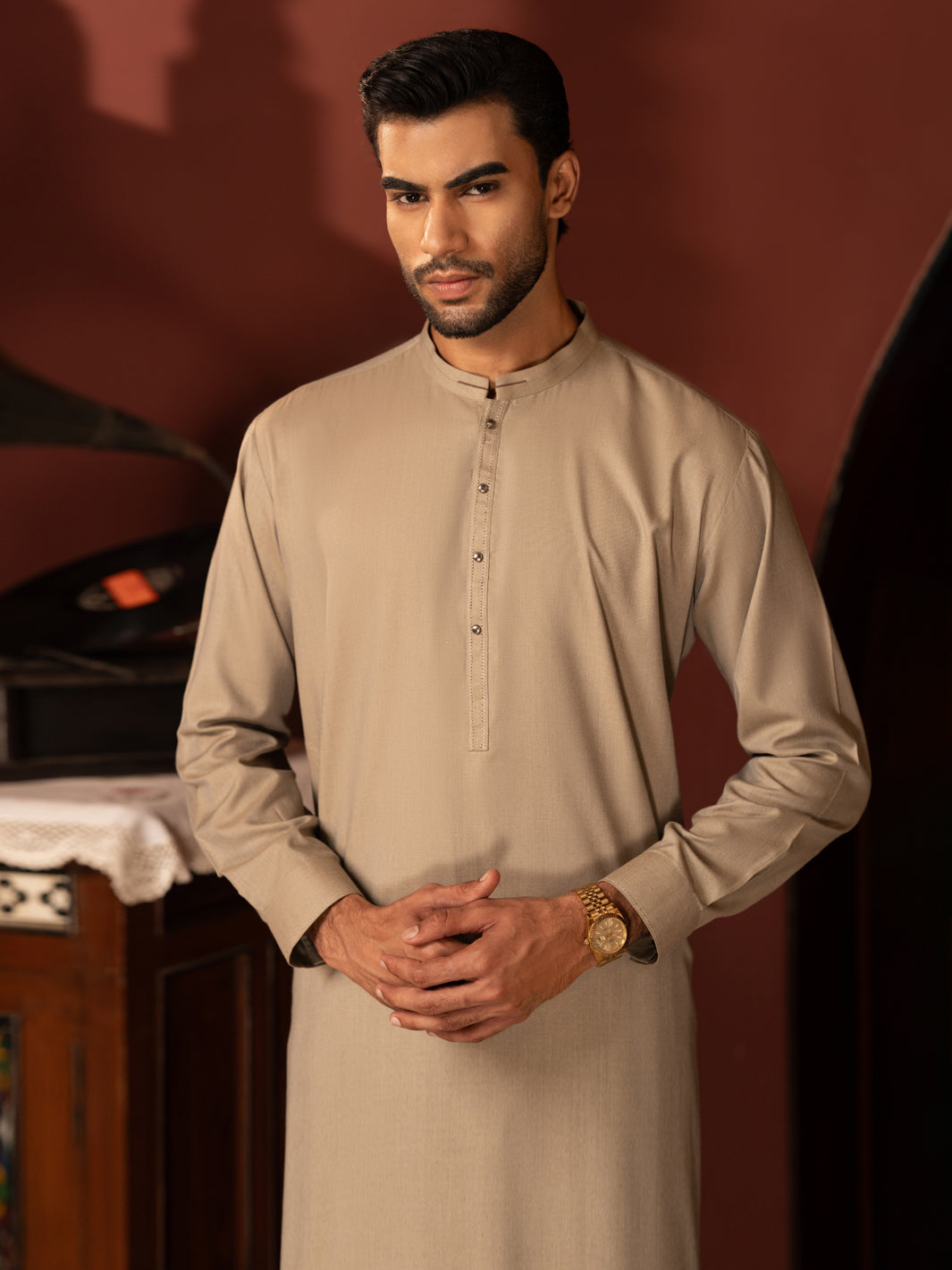 Sand Brown Kameez Shalwar - half pose