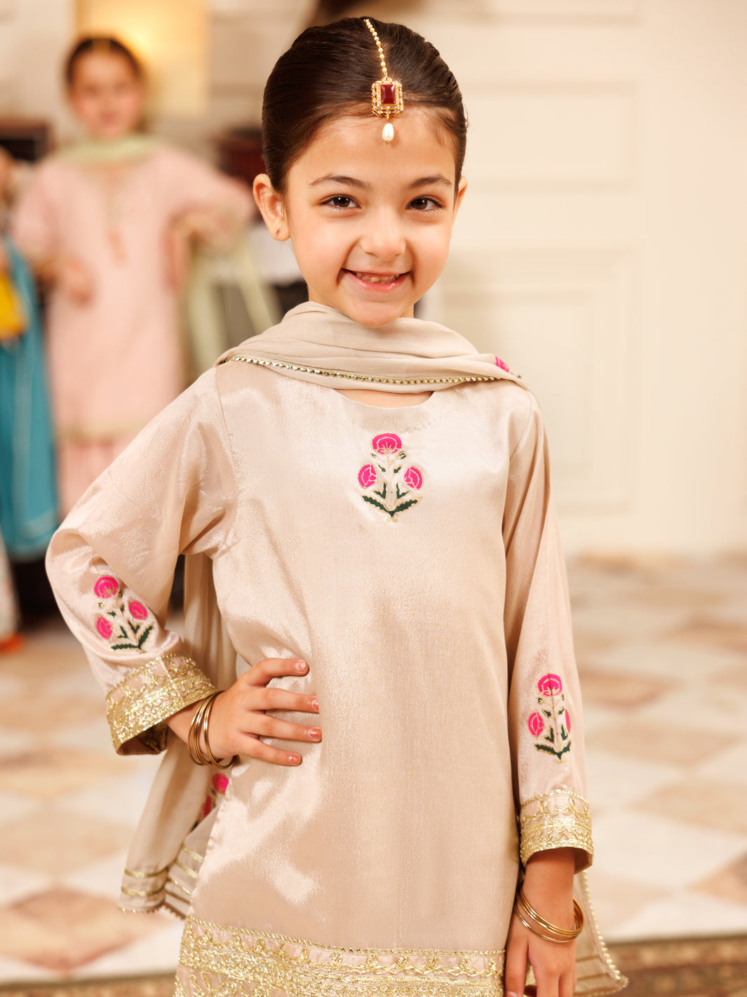 Beige Poly Silk Formal 3Pc Stitched - ALGR-3PS-LS-028