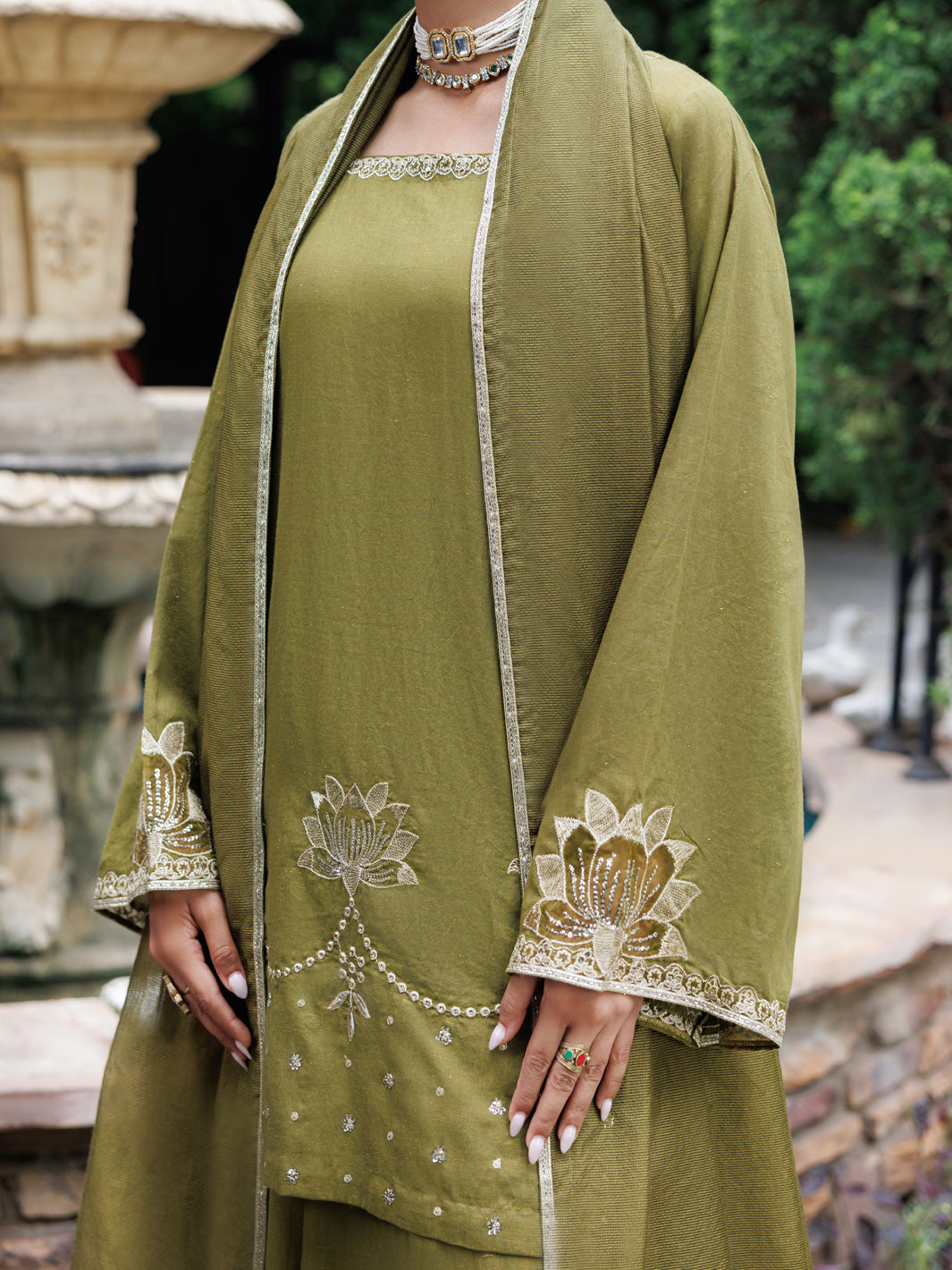 Olive Flamint Zari Formal 3Pc Stitched - AL-3PS-LS-688