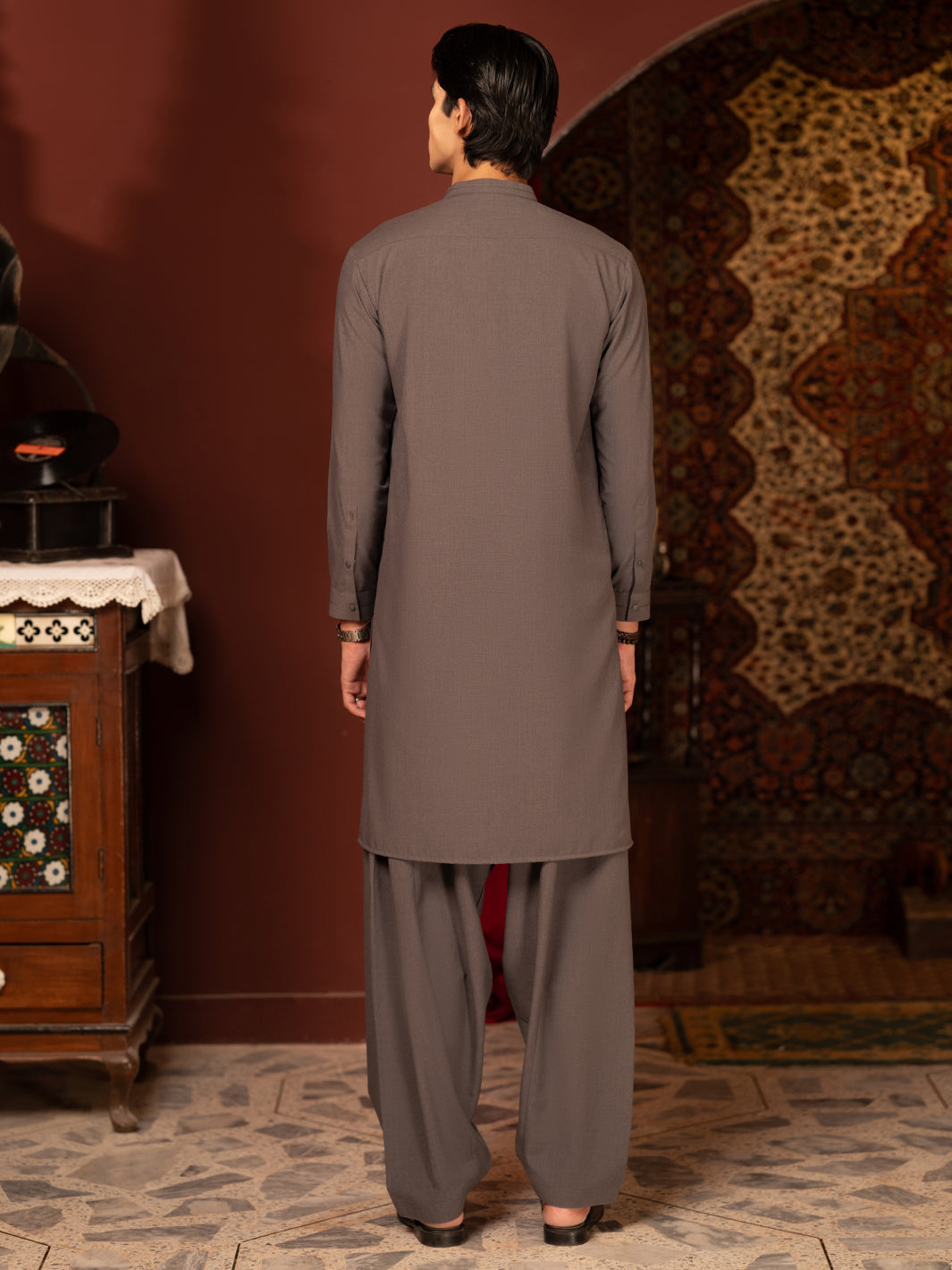 Olive Kameez Shalwar - back view