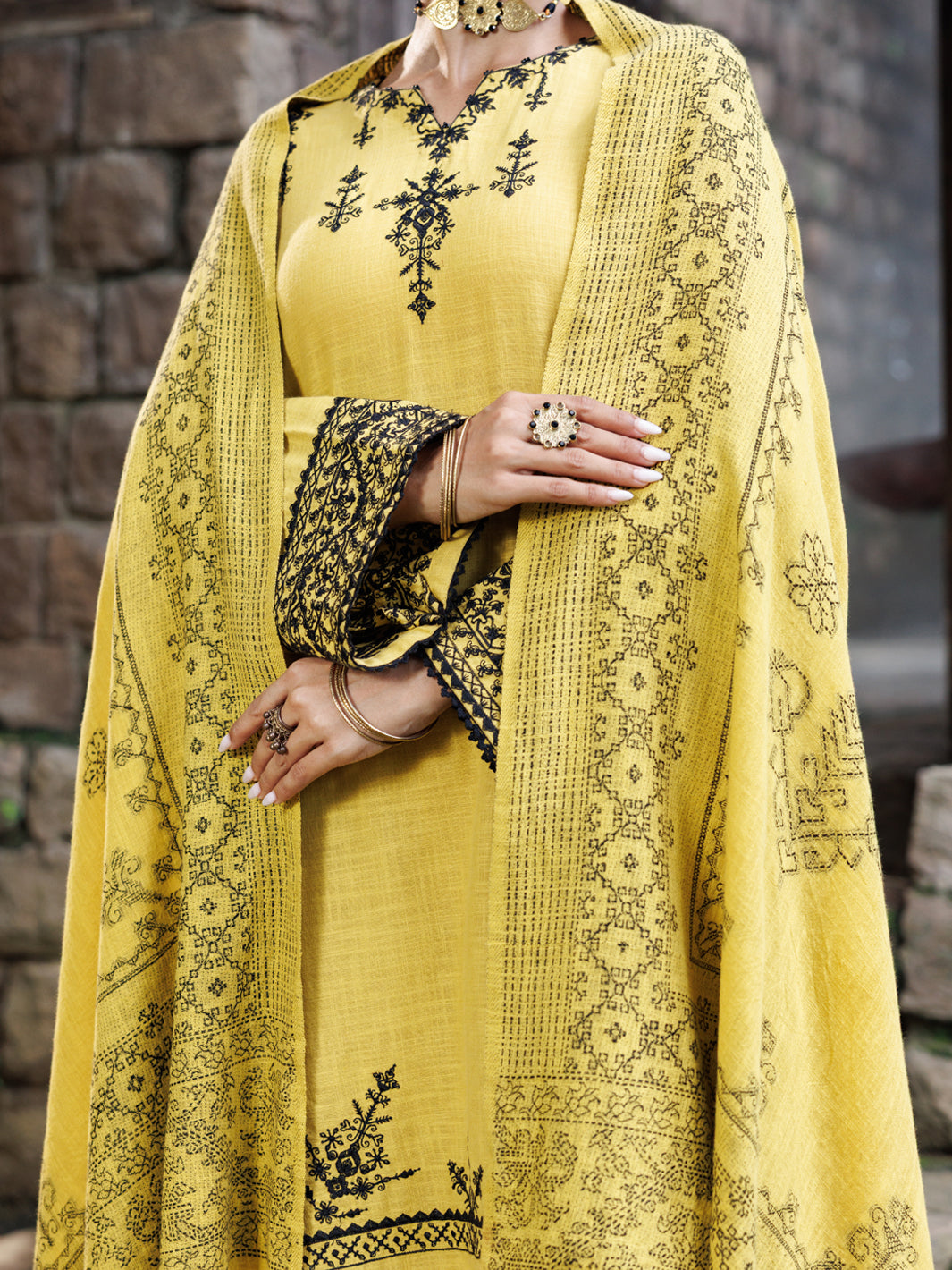 Yellow Crosshatch 3Pc Stitched - AWP-3PS-1019