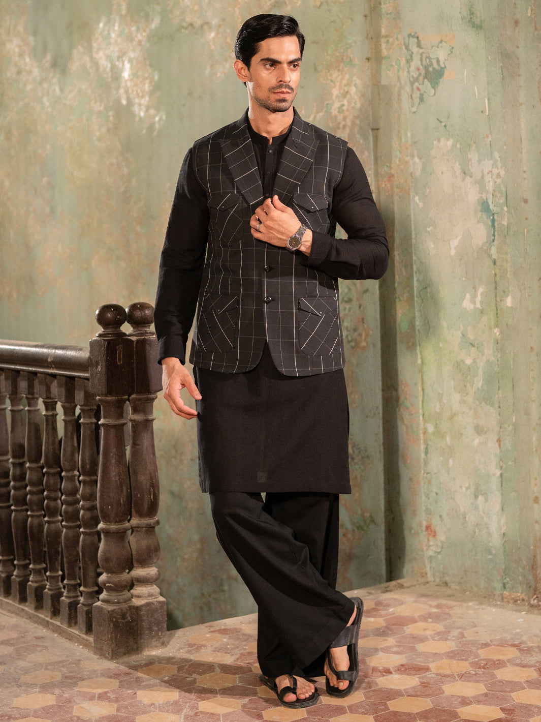Black Cotton Waistcoat - close-up detail