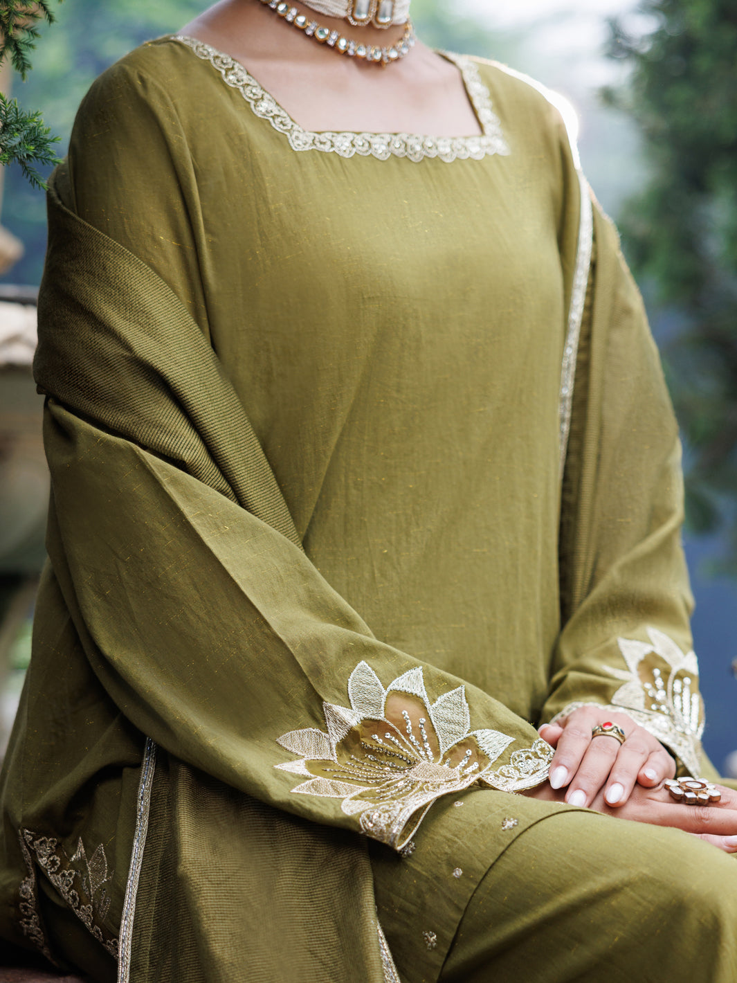 Olive Flamint Zari Formal 3Pc Stitched - AL-3PS-LS-688