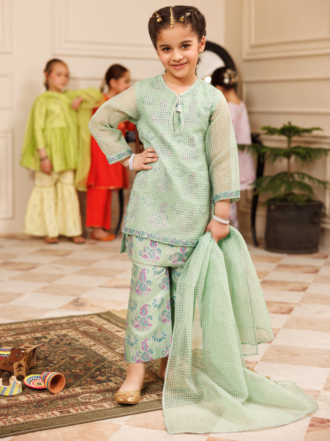 Pistachio Green Square Organza Formal 3Pc Stitched - ALGR-3PS-LS-030