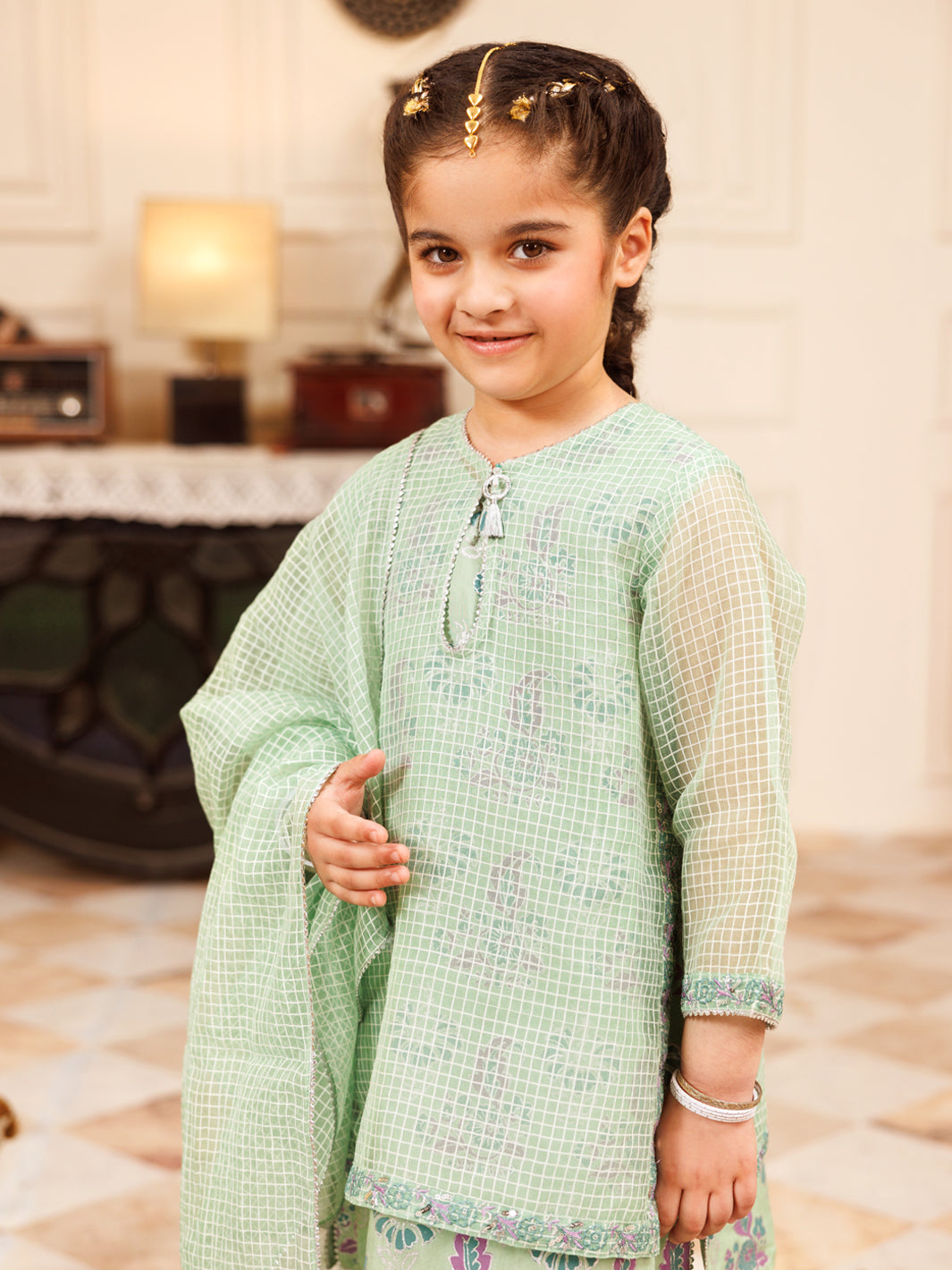 Pistachio Green Square Organza Formal 3Pc Stitched - ALGR-3PS-LS-030