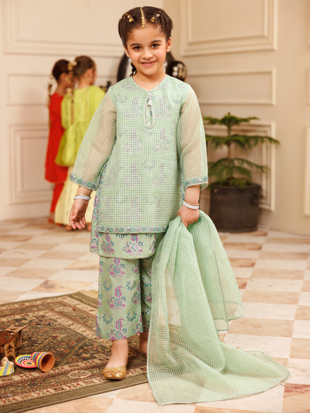 Pistachio Green Square Organza Formal 3Pc Stitched - ALGR-3PS-LS-030