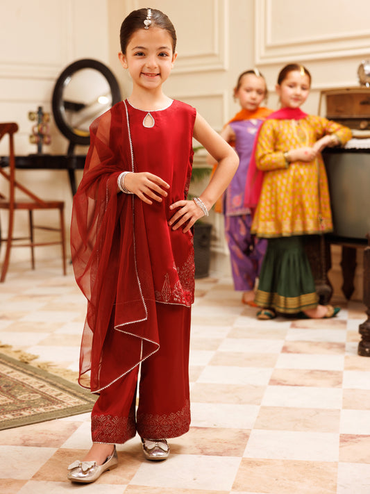 Maroon Charmeuse Silk Formal 3Pc Stitched - ALGR-3PS-LS-034