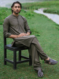 Olive Brown Kameez Shalwar - AL-KS-3441