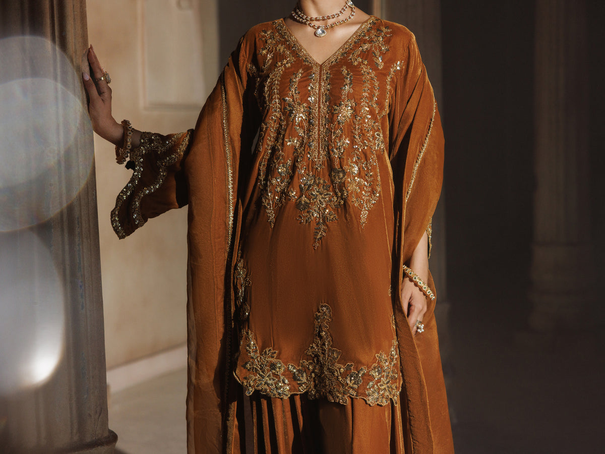 Rust Velvet Formal 3Pc Stitched - AL-3PS-LS-659