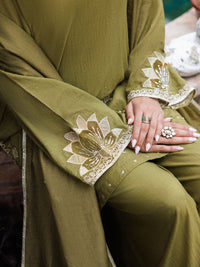 Olive Flamint Zari Formal 3Pc Stitched - AL-3PS-LS-688