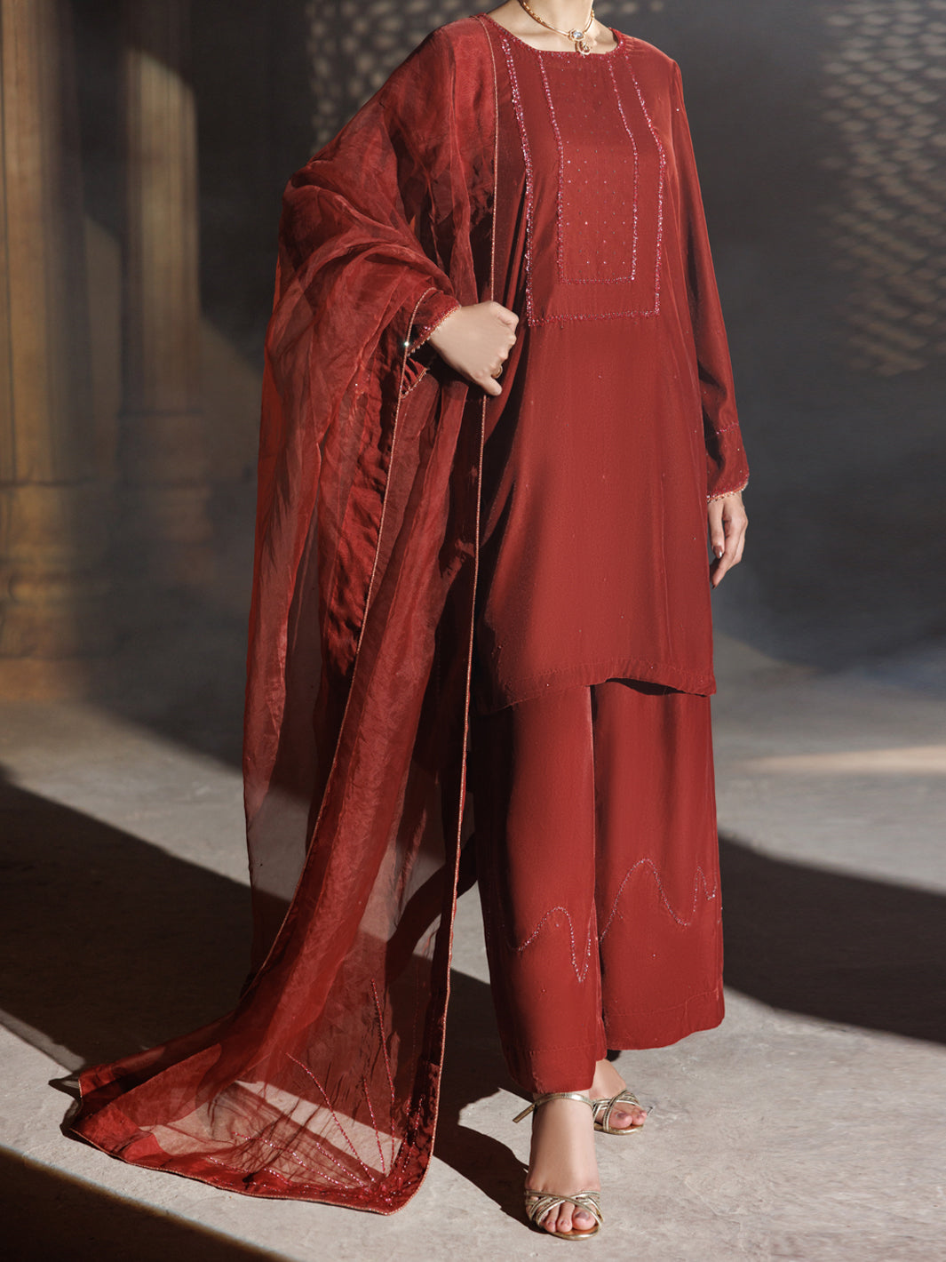 Peach Velvet Formal 3Pc Stitched - AL-3PS-LS-662