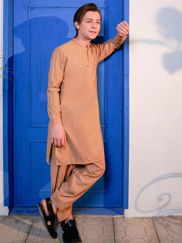 Camel Brown Blended Kameez Shalwar - ALT-KS-069